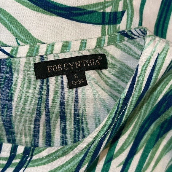 For Cynthia Linen Blend Boxy Ruffle Tropical Leaf Print Cropped Blouse Top Sz S - Picture 7 of 8
